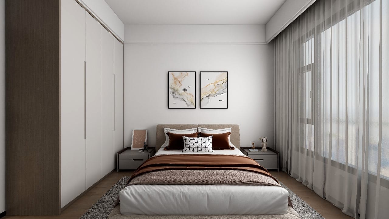 Bedroom interior with fitted wardrobes at Plumeria Residency in Kilimani