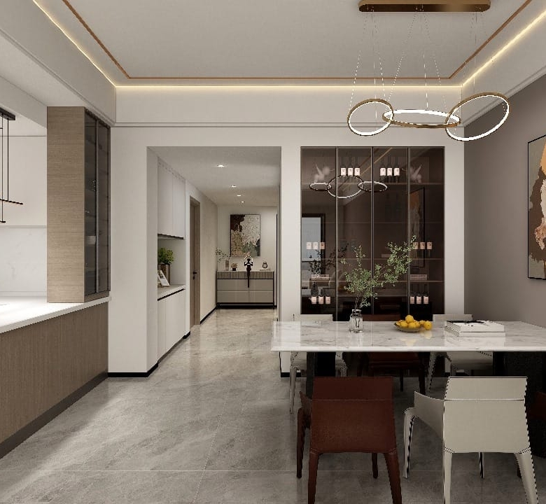 Open-plan lounge and kitchen interior at Plumeria Residency apartments in Kilimani