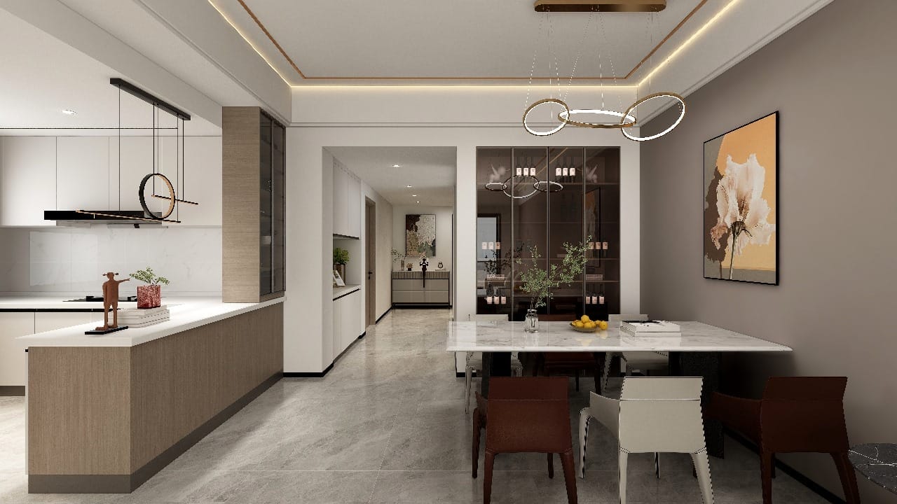 Open-plan lounge and kitchen interior at Plumeria Residency apartments in Kilimani
