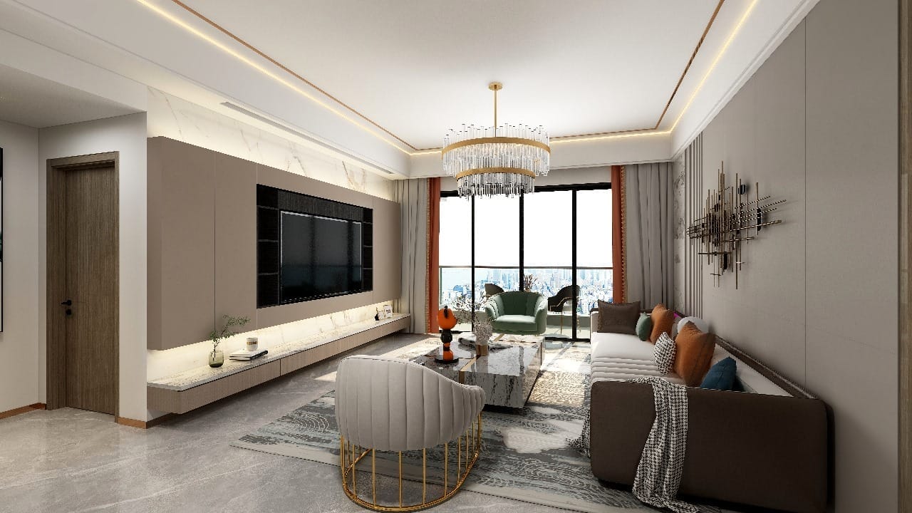 Spacious lounge with balcony windows at Plumeria Residency on Riara Road