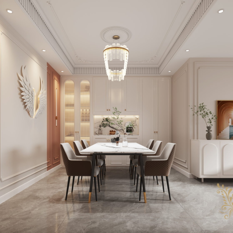 Royal Legend Residence luxury dining room featuring a marble dining table, six upholstered chairs, decorative chandelier, built-in cabinetry, and elegant wall mouldings.