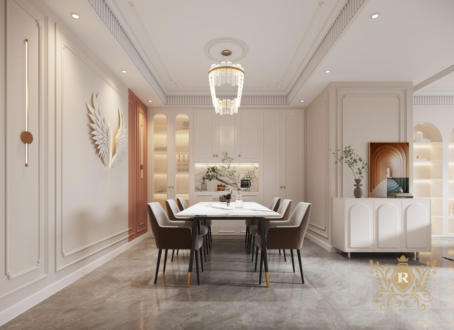 Royal Legend Residence luxury dining room featuring a marble dining table, six upholstered chairs, decorative chandelier, built-in cabinetry, and elegant wall mouldings.