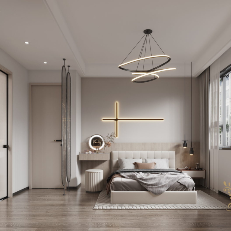 Royal Legend Residence modern master bedroom featuring an upholstered double bed, illuminated wall feature, dressing table, large window, and contemporary pendant lighting.