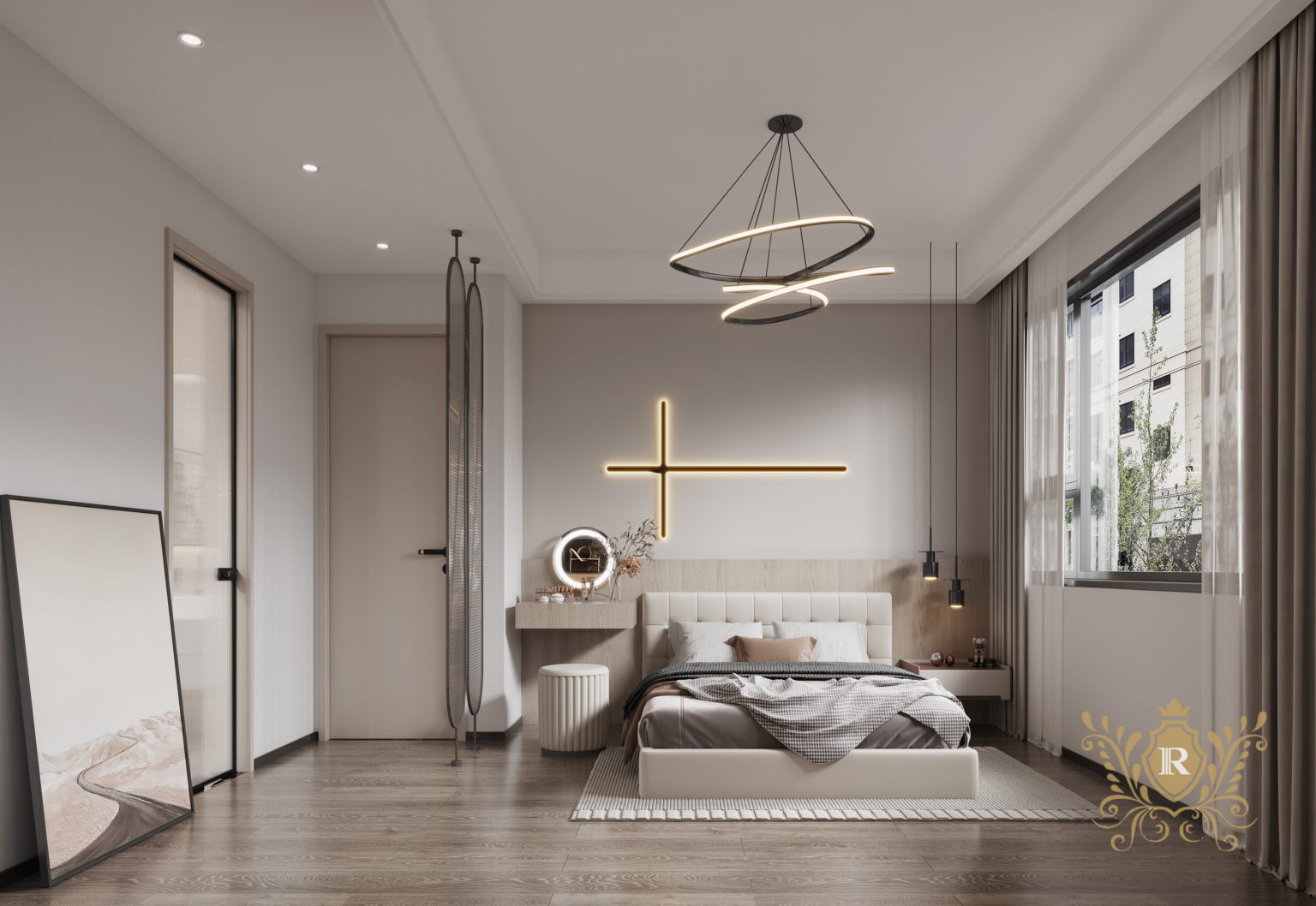 Royal Legend Residence modern master bedroom featuring an upholstered double bed, illuminated wall feature, dressing table, large window, and contemporary pendant lighting.