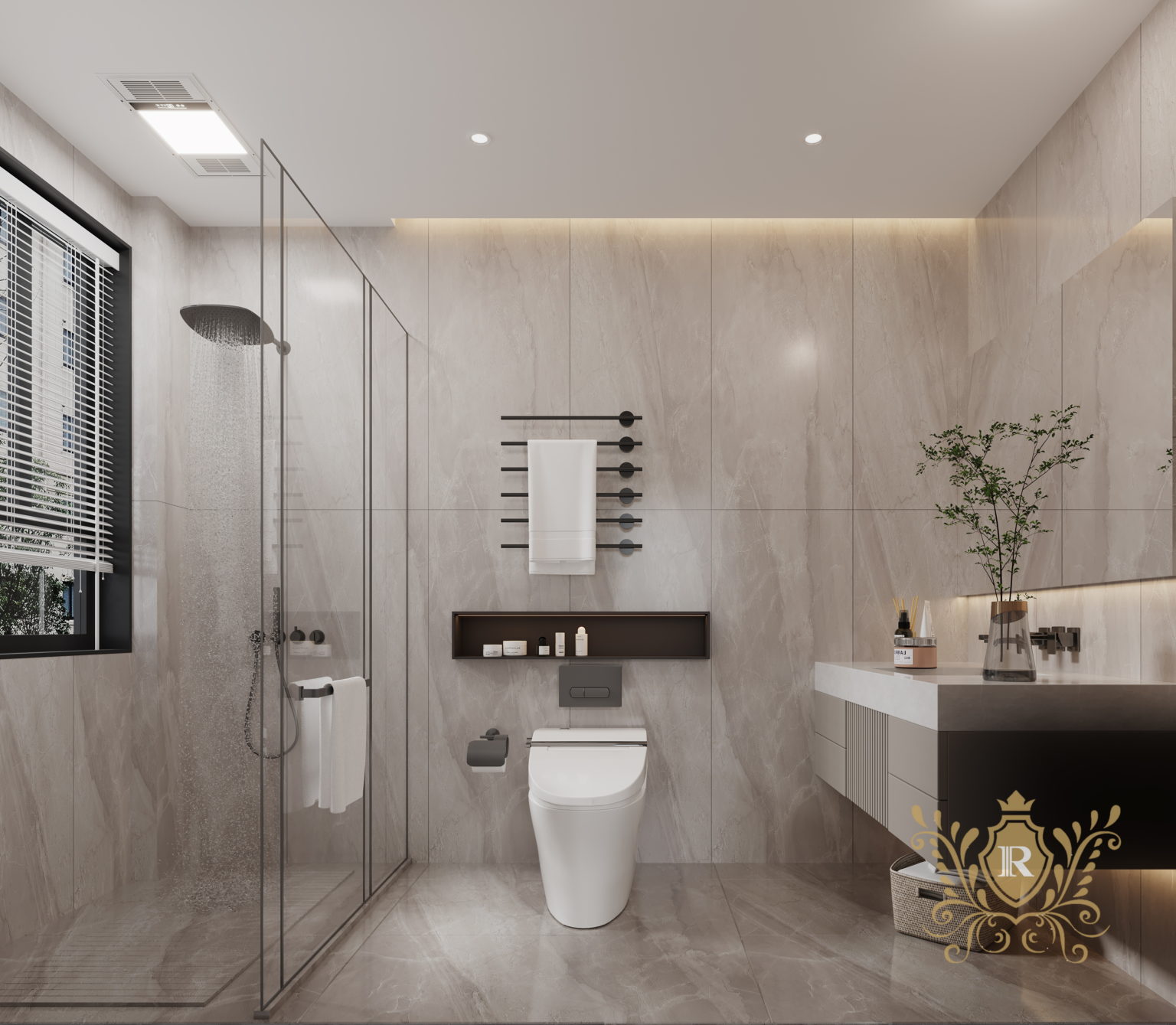 Elegant modern bathroom at Royal Legend Residence featuring a glass shower enclosure, floating vanity, contemporary toilet, and sophisticated marble-look finishes.
