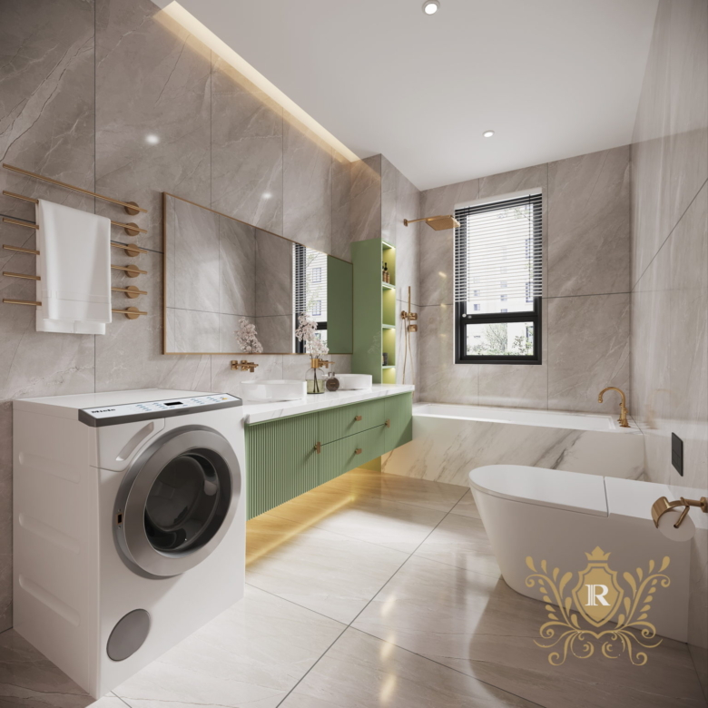 Royal Legend Residence luxury bathroom featuring a built-in bathtub, double vanity with green cabinets, washing machine, marble-look tiles, and gold fittings.