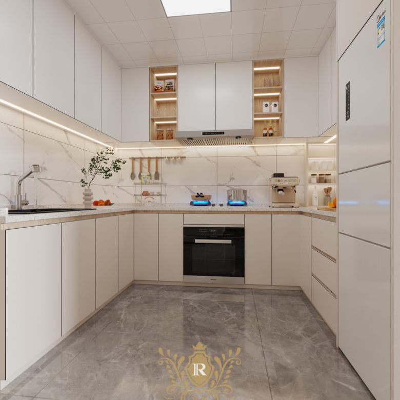 Royal Legend Residence luxury kitchen featuring floor-to-ceiling white cabinets, built-in oven, gas hob, marble-look backsplash, and integrated lighting.