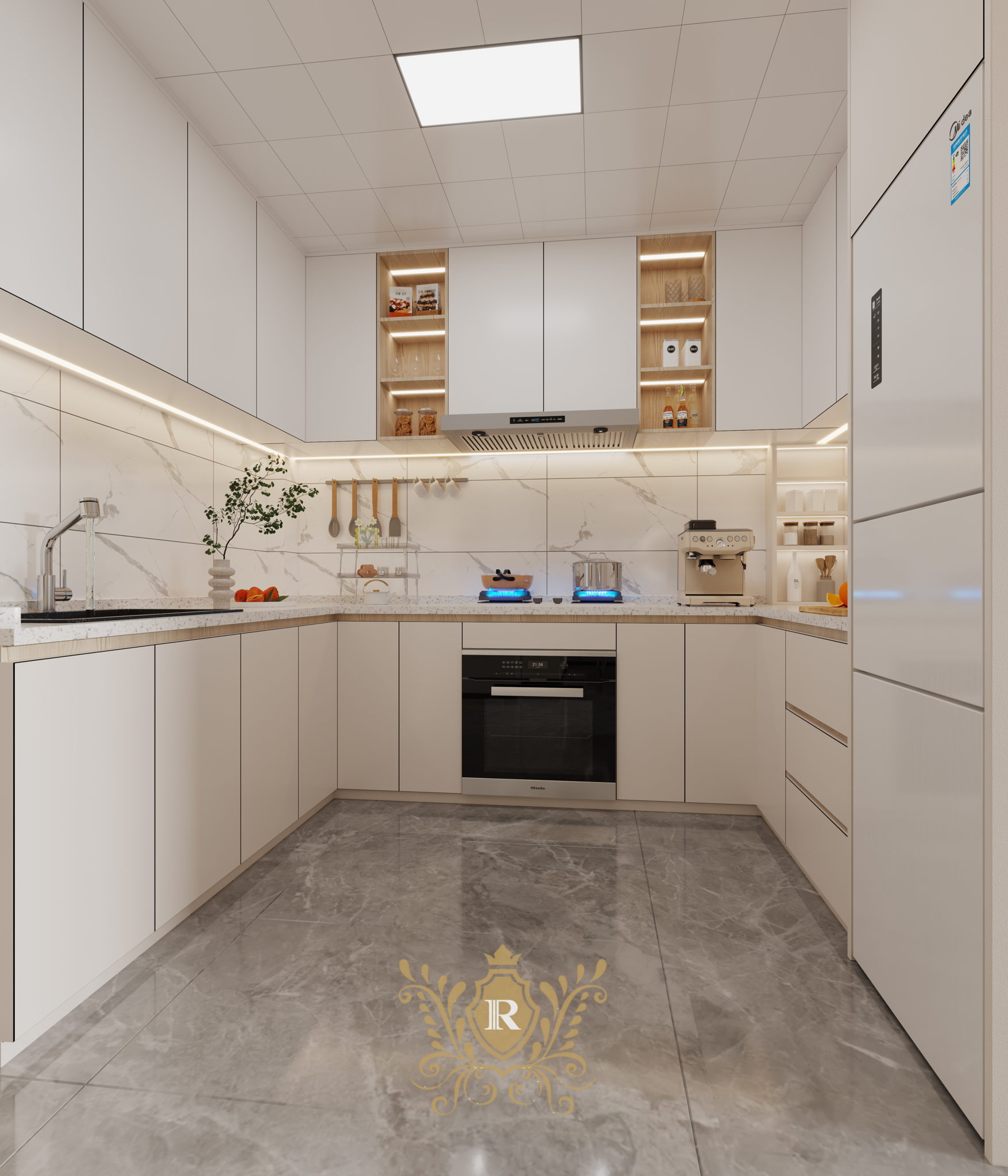 Royal Legend Residence luxury kitchen featuring floor-to-ceiling white cabinets, built-in oven, gas hob, marble-look backsplash, and integrated lighting.