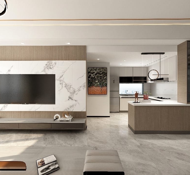 Open-plan lounge and kitchen interior at Plumeria Residency apartments in Kilimani
