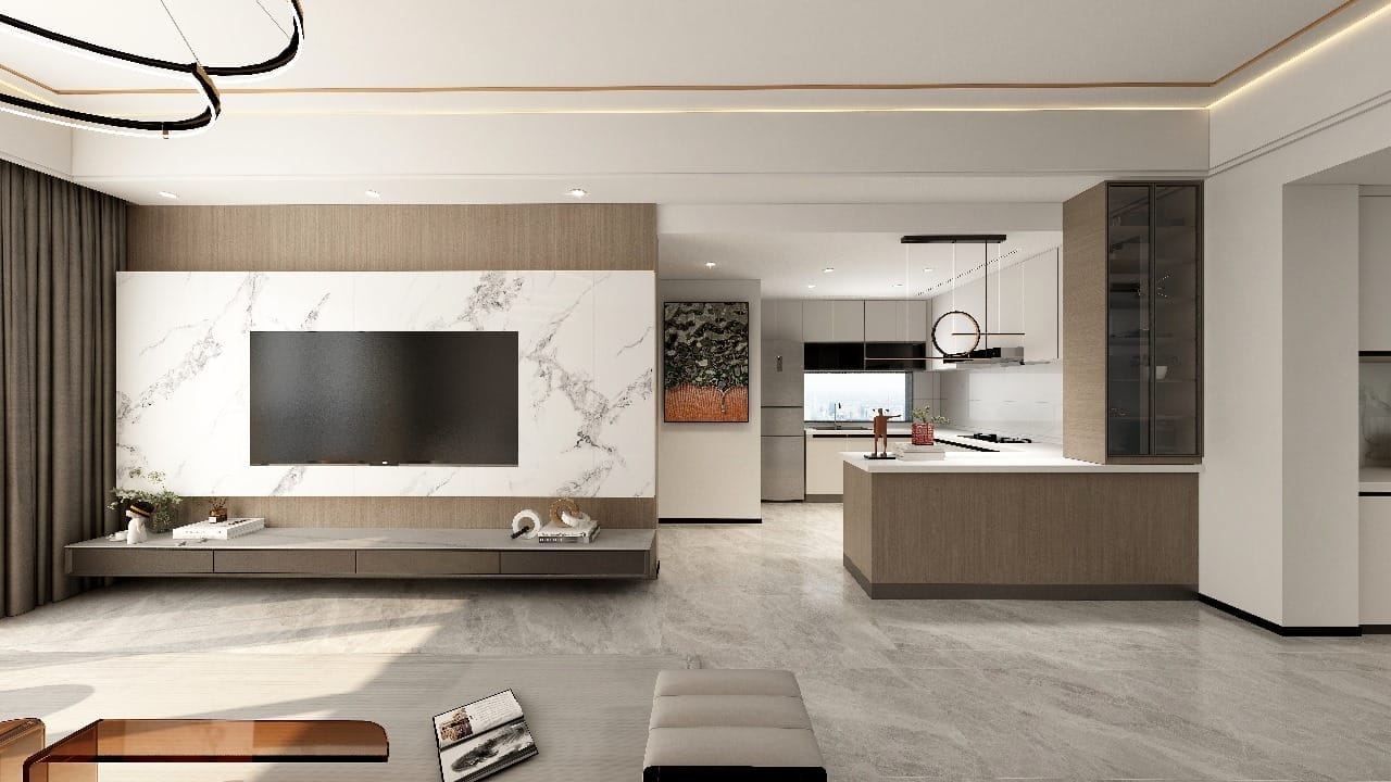 Open-plan lounge and kitchen interior at Plumeria Residency apartments in Kilimani