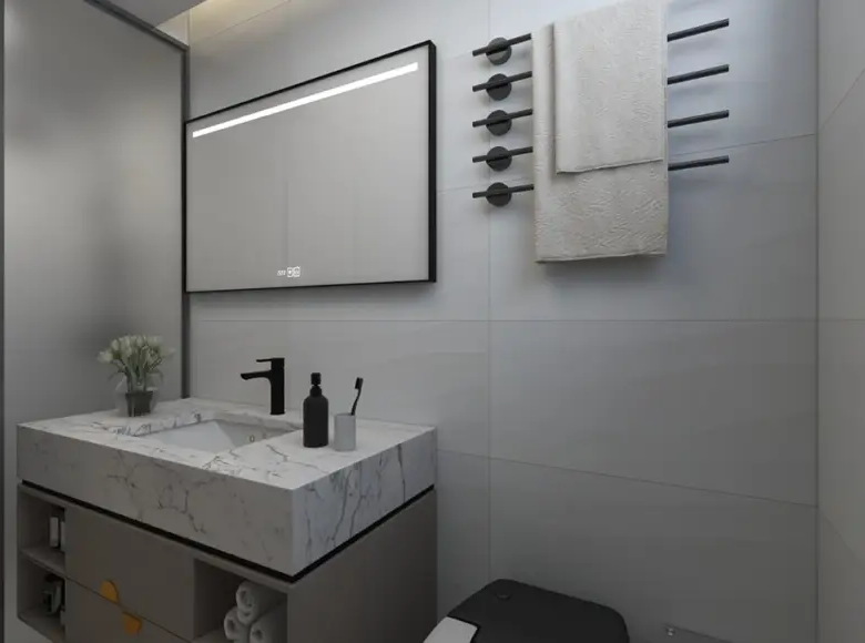 Modern bathroom with marble vanity at Adornhome Apartment Kileleshwa