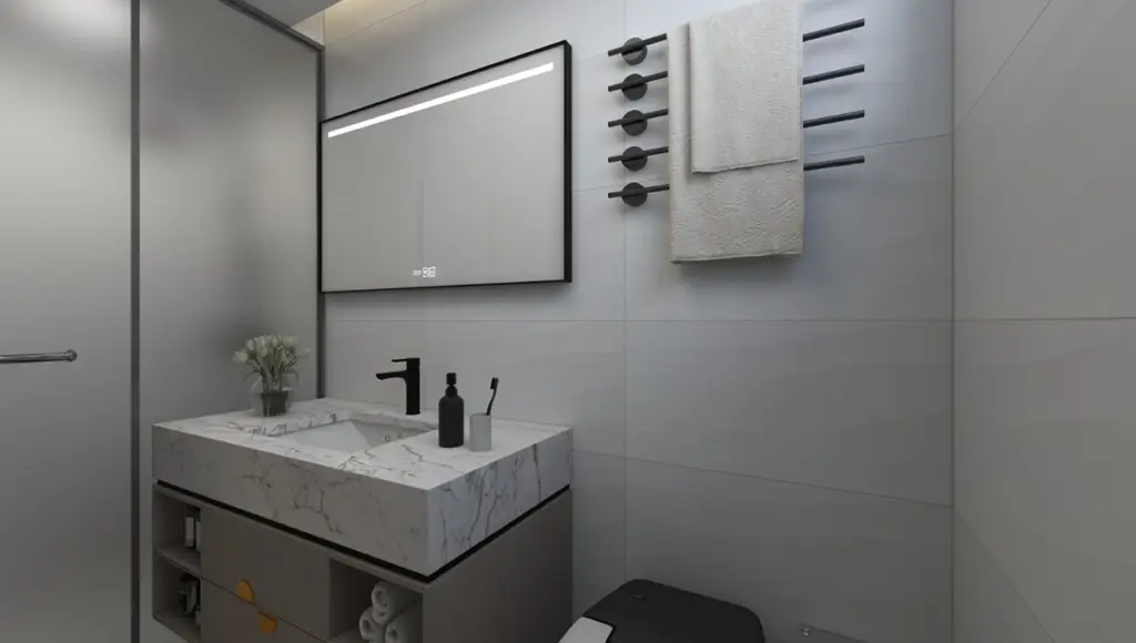 Modern bathroom with marble vanity at Adornhome Apartment Kileleshwa