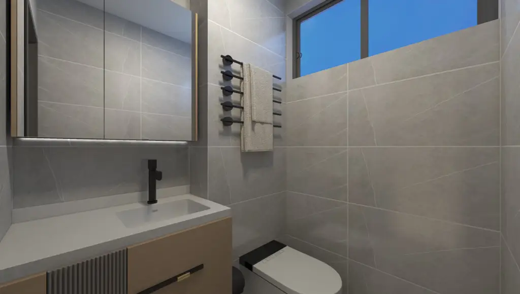 Modern compact bathroom at Adornhome Apartment Kileleshwa with marble sink and shower area