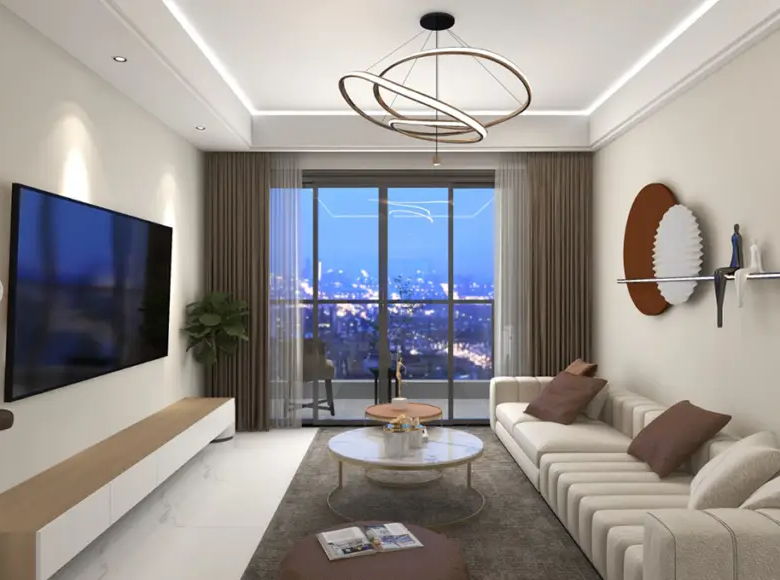 Modern living room at Adornhome Apartment Kileleshwa with large windows and city view