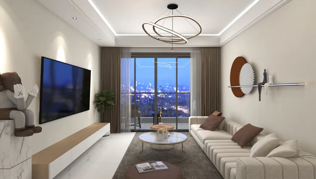 Modern living room at Adornhome Apartment Kileleshwa with large windows and city view