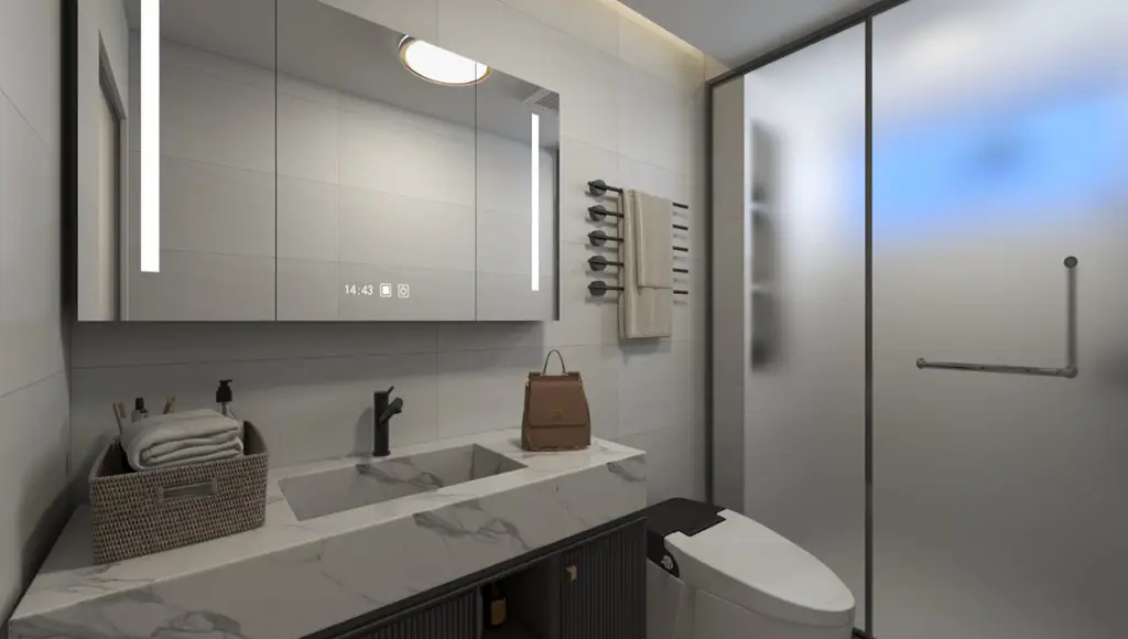 Luxury bathroom with marble countertop at Adornhome Apartment Kileleshwa featuring backlit mirror and modern fittings