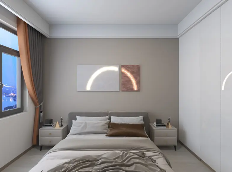 Luxury bedroom with city view at Adornhome Apartment Kileleshwa featuring modern bed and large windows