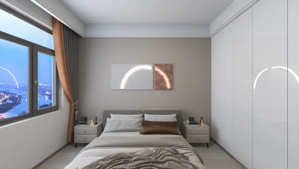 Luxury bedroom with city view at Adornhome Apartment Kileleshwa featuring modern bed and large windows