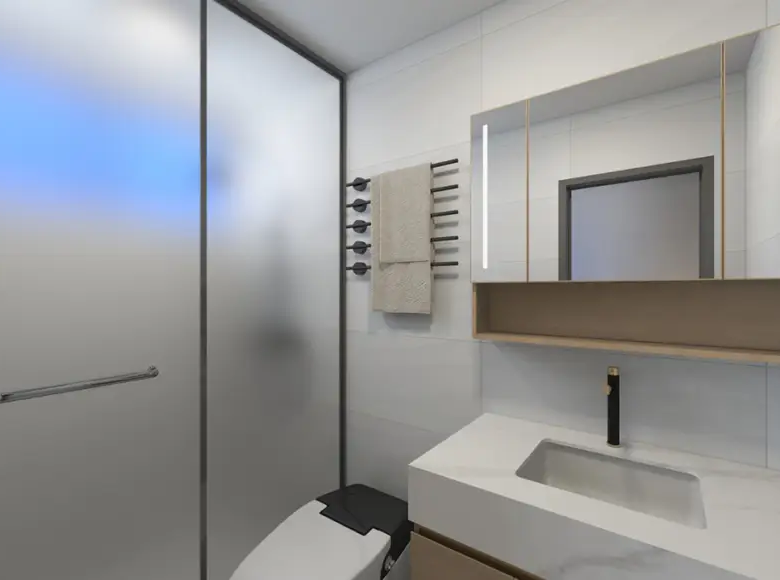 Modern bathroom with walk-in shower at Adornhome Apartment Kileleshwa featuring marble tiles and smart toilet