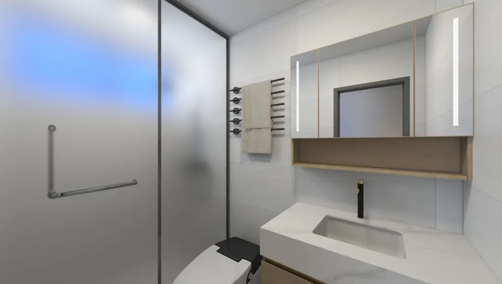 Modern bathroom with walk-in shower at Adornhome Apartment Kileleshwa featuring marble tiles and smart toilet