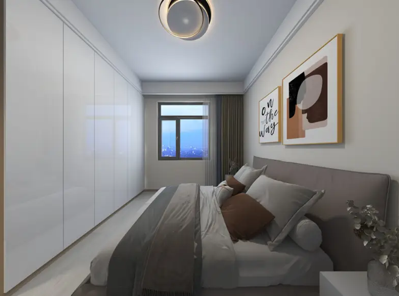 Modern bedroom interior at Adornhome Apartment Kileleshwa with stylish wall art and upholstered bed