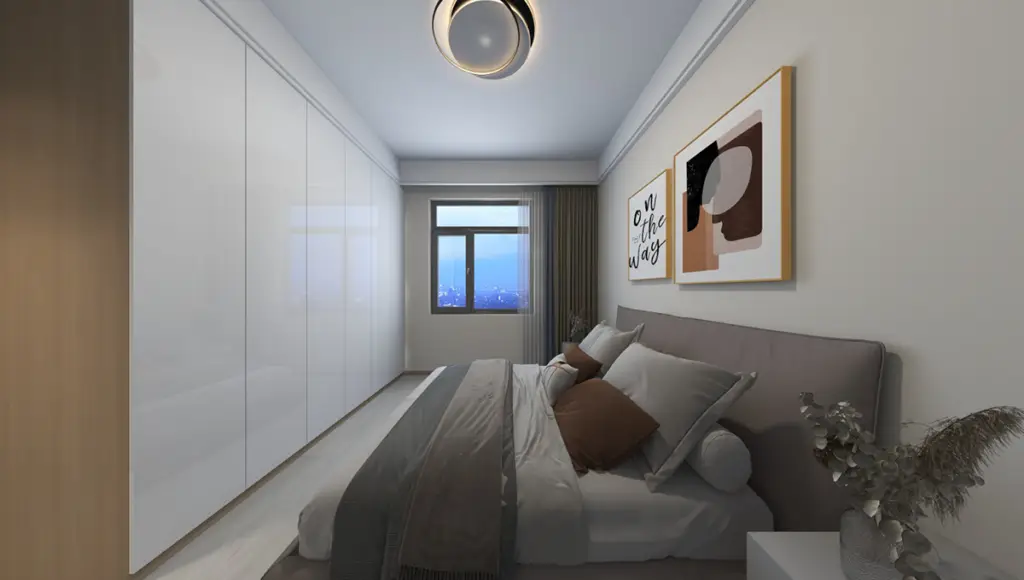 Modern bedroom interior at Adornhome Apartment Kileleshwa with stylish wall art and upholstered bed
