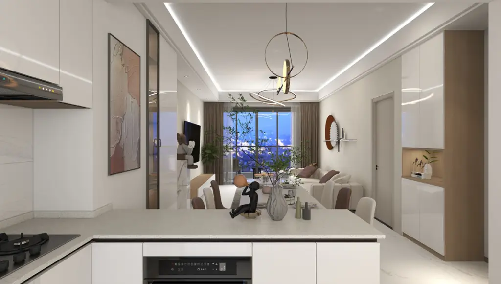 Modern kitchen with island at Adornhome Apartment Kileleshwa featuring white cabinets and city views