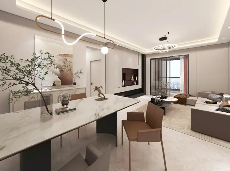 Modern open plan living and dining area at Adornhome Apartment Kileleshwa with marble dining table