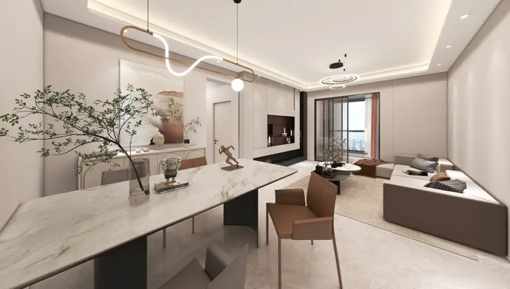 Modern open plan living and dining area at Adornhome Apartment Kileleshwa with marble dining table
