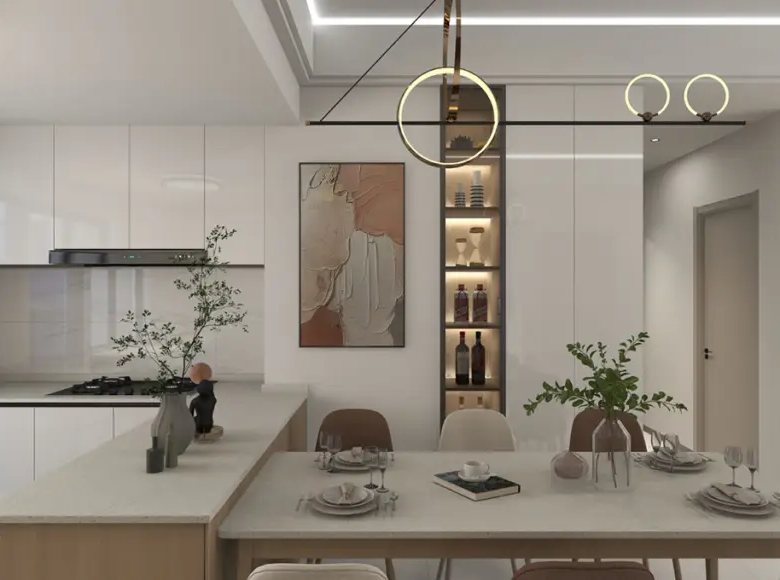 Open plan kitchen dining and living area at Adornhome Apartment Kileleshwa with modern design