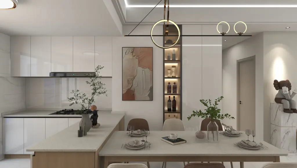 Open plan kitchen dining and living area at Adornhome Apartment Kileleshwa with modern design