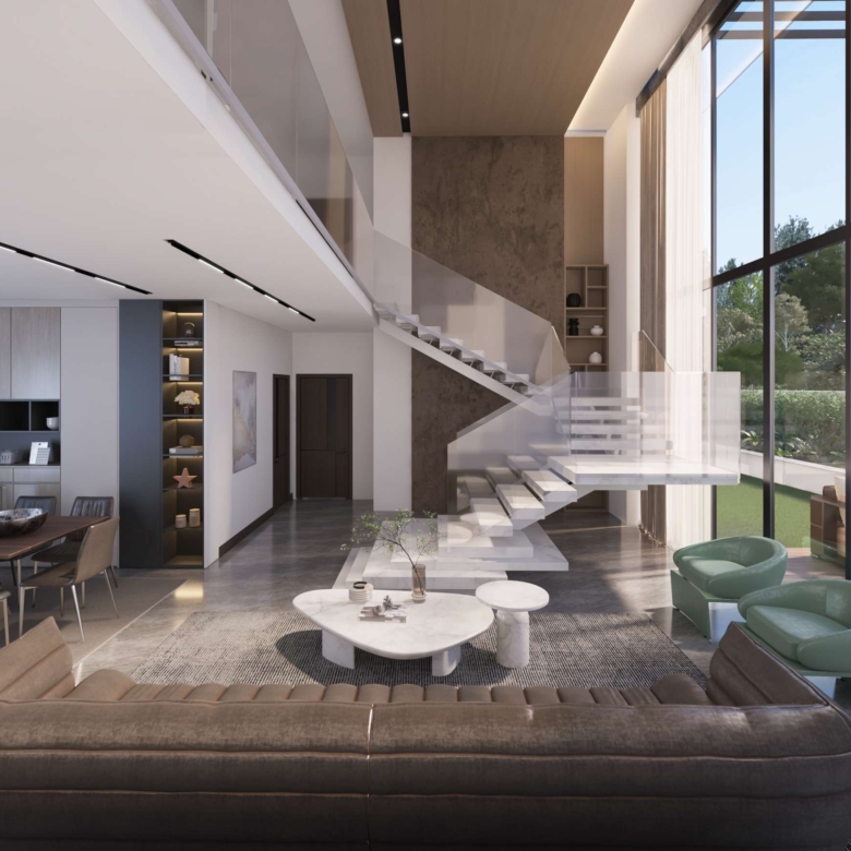 Duplex lounge at Aya Luxury Residences with floating staircase and double-height windows
