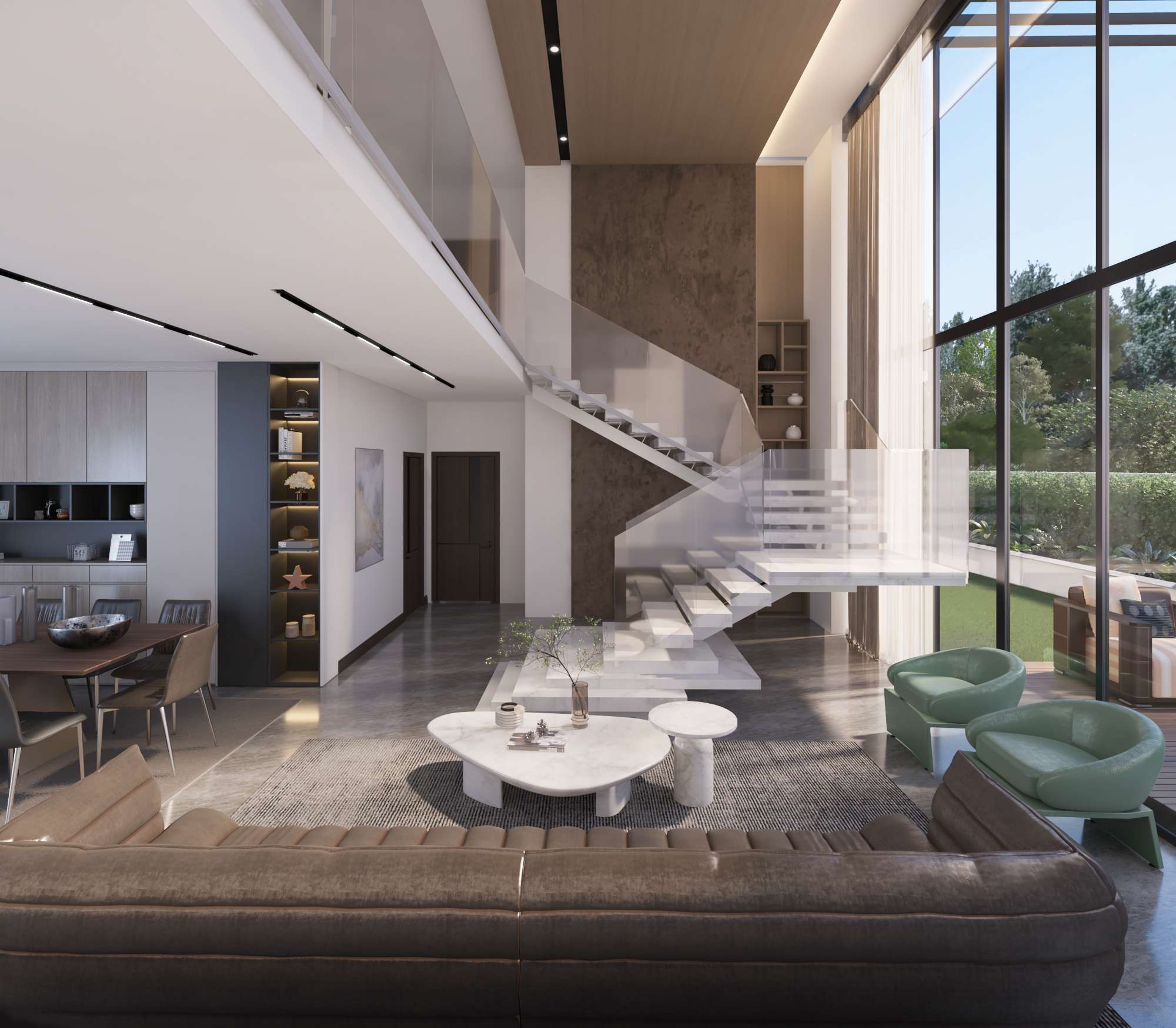 Duplex lounge at Aya Luxury Residences with floating staircase and double-height windows