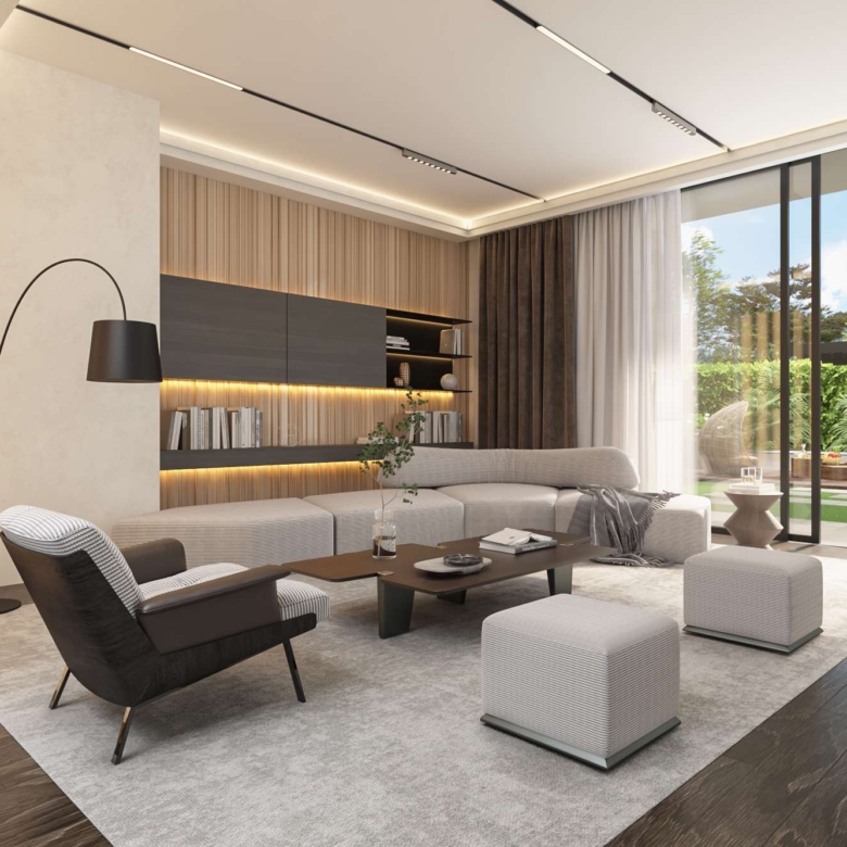 Modern lounge at Aya Luxury Residences with private garden access