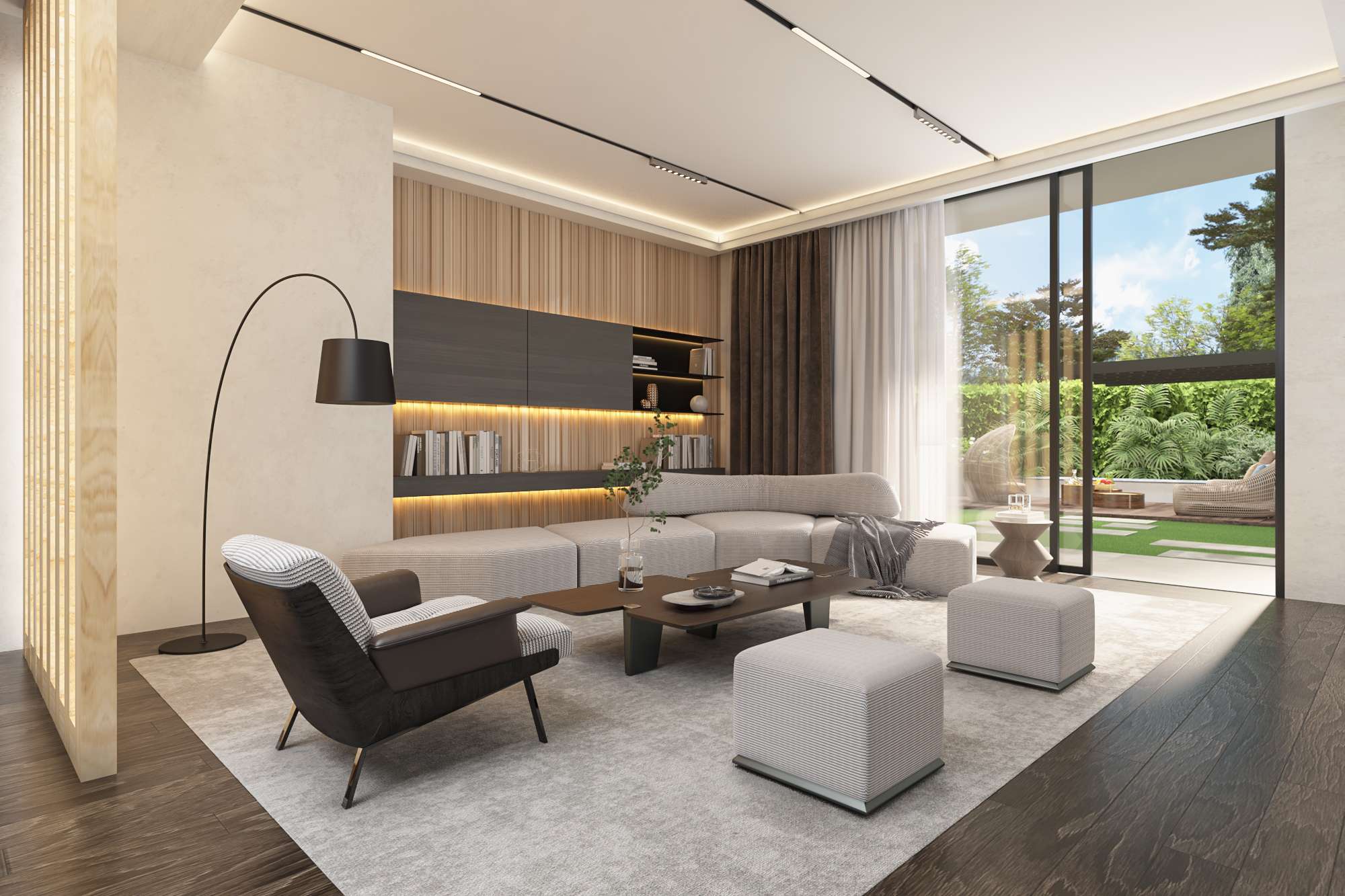 Modern lounge at Aya Luxury Residences with private garden access