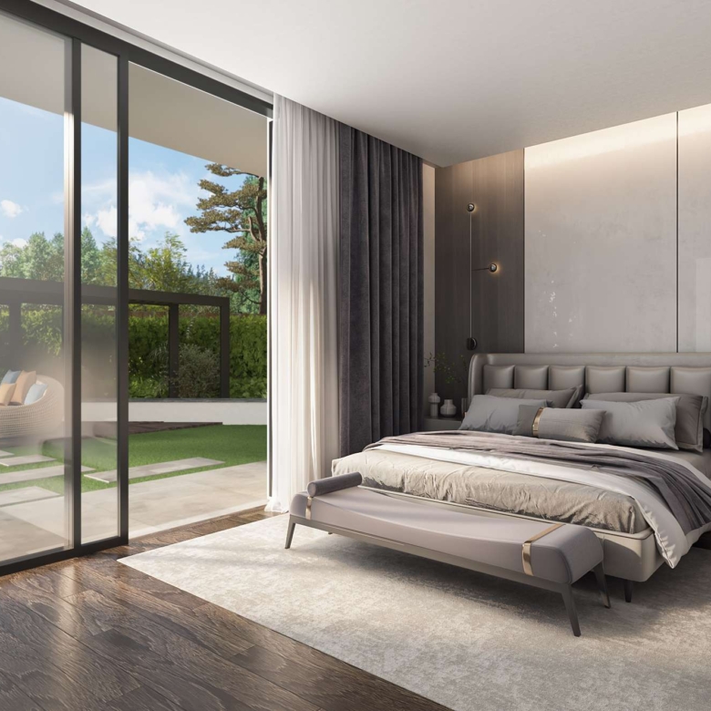 Ground floor bedroom at Aya Luxury Residences with garden terrace access