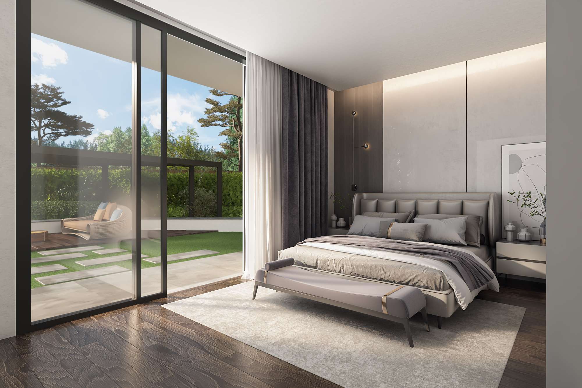 Ground floor bedroom at Aya Luxury Residences with garden terrace access