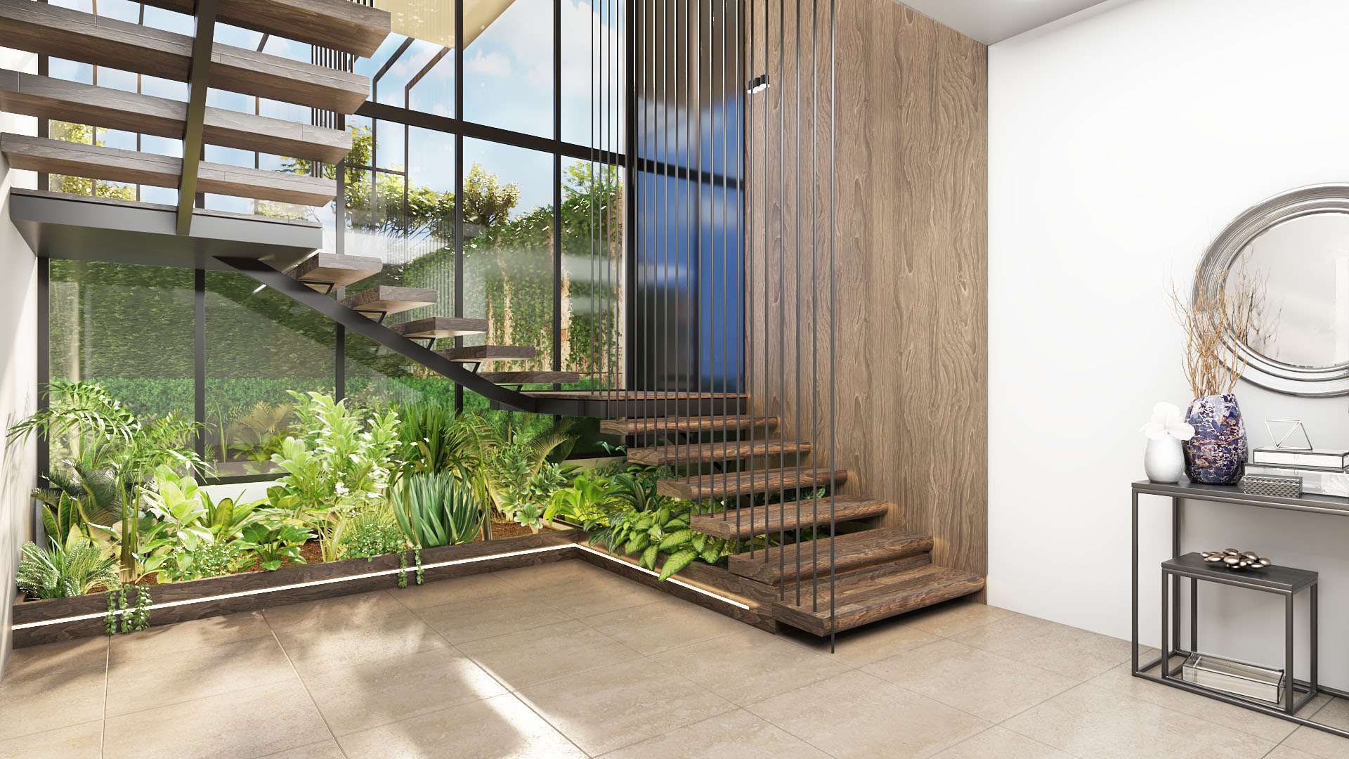 Indoor staircase at Aya Luxury Residences with landscaped garden feature