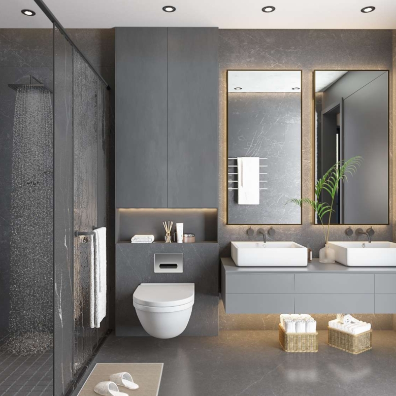 Turkish-finished bathroom at Aya Luxury Residences with double vanity and walk-in shower