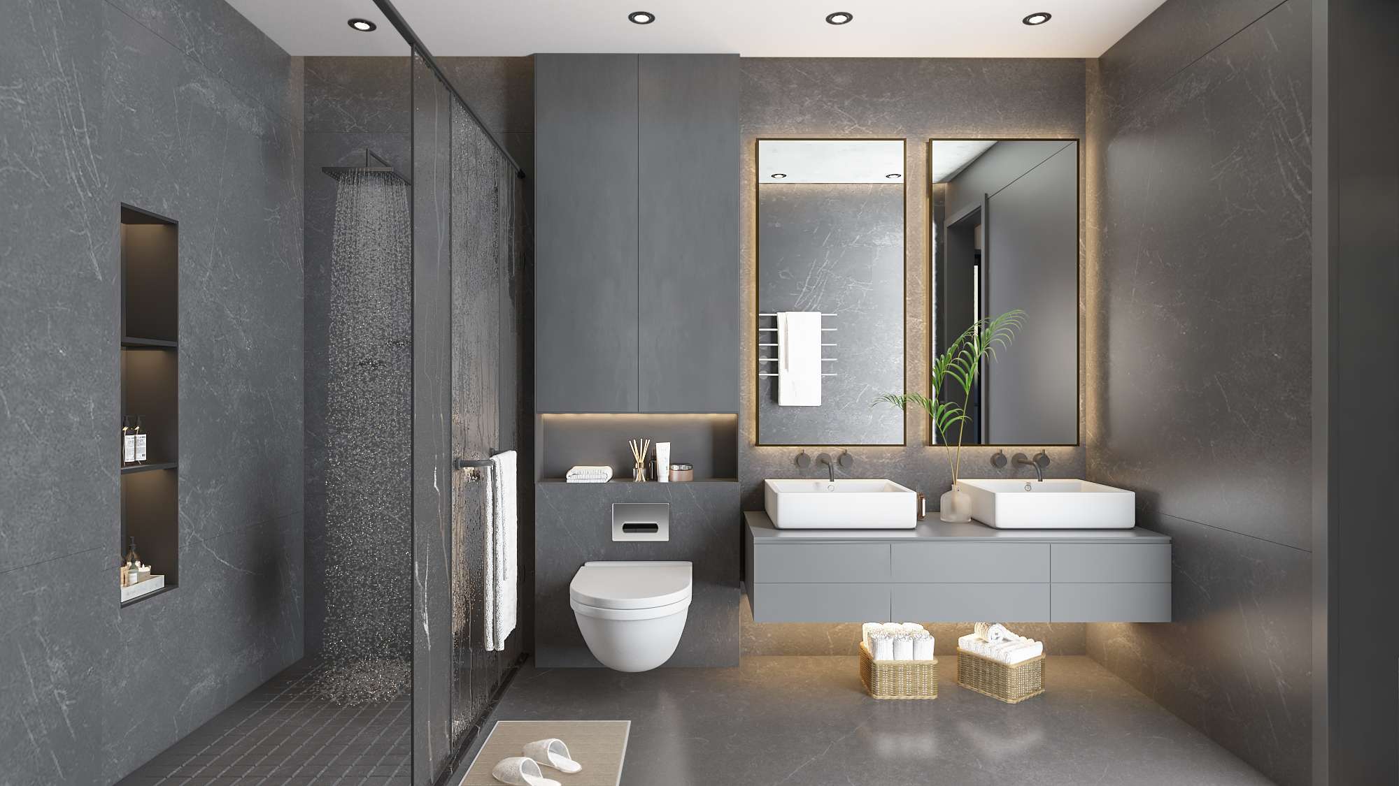 Turkish-finished bathroom at Aya Luxury Residences with double vanity and walk-in shower