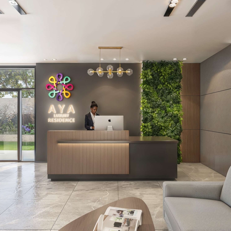 Reception lobby at Aya Luxury Residences Kileleshwa with branded front desk