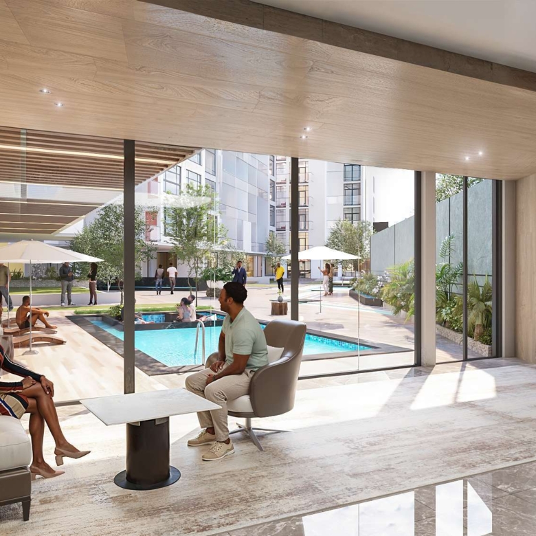 Resident lounge at Aya Luxury Residences with pool views and modern seating