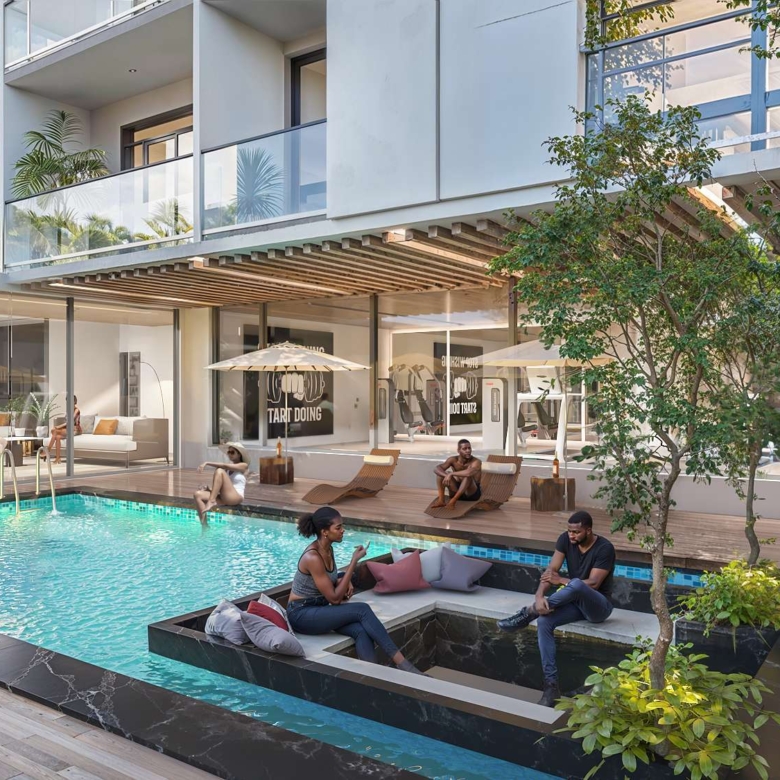 Resident lounge at Aya Luxury Residences with pool views and modern seating