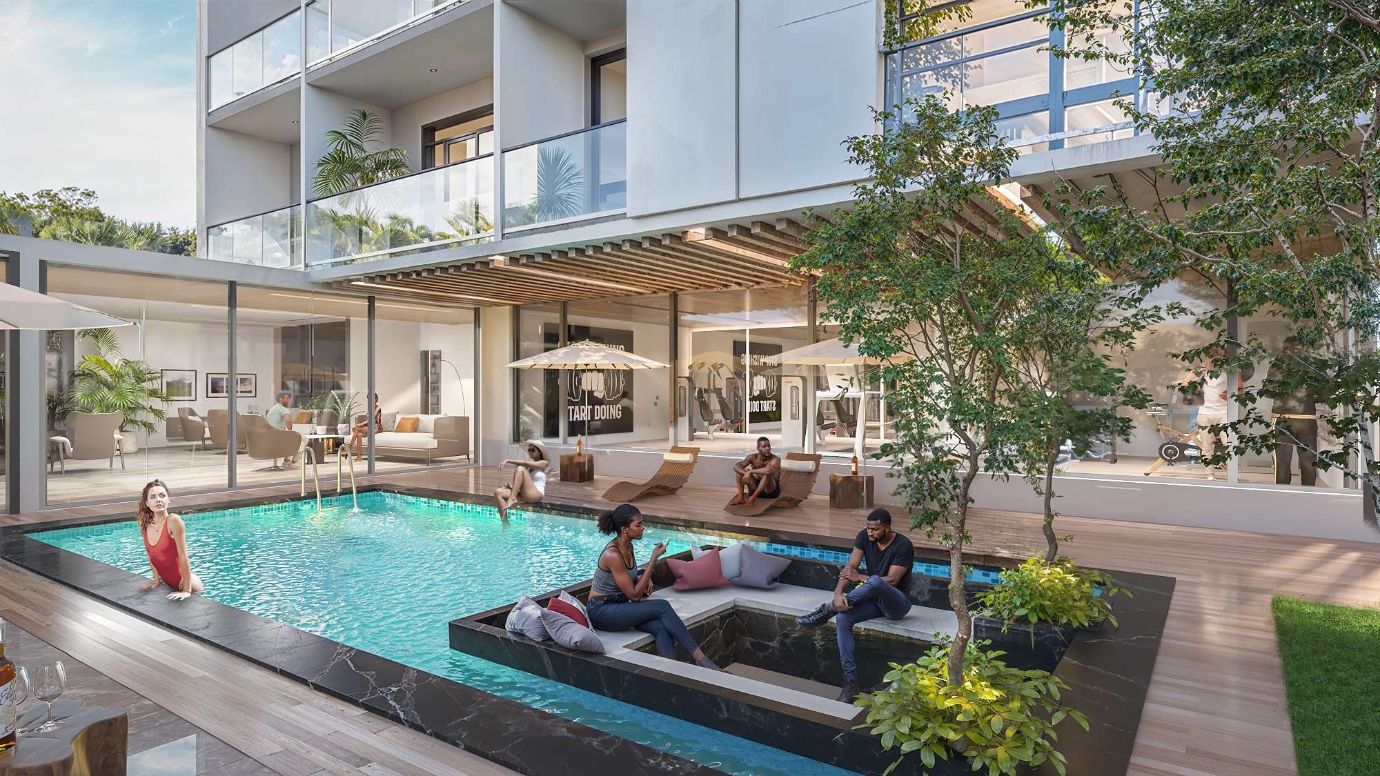 Resident lounge at Aya Luxury Residences with pool views and modern seating