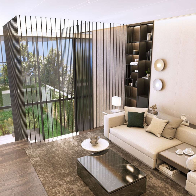 TV room at Aya Luxury Residences with modern sofa and green views