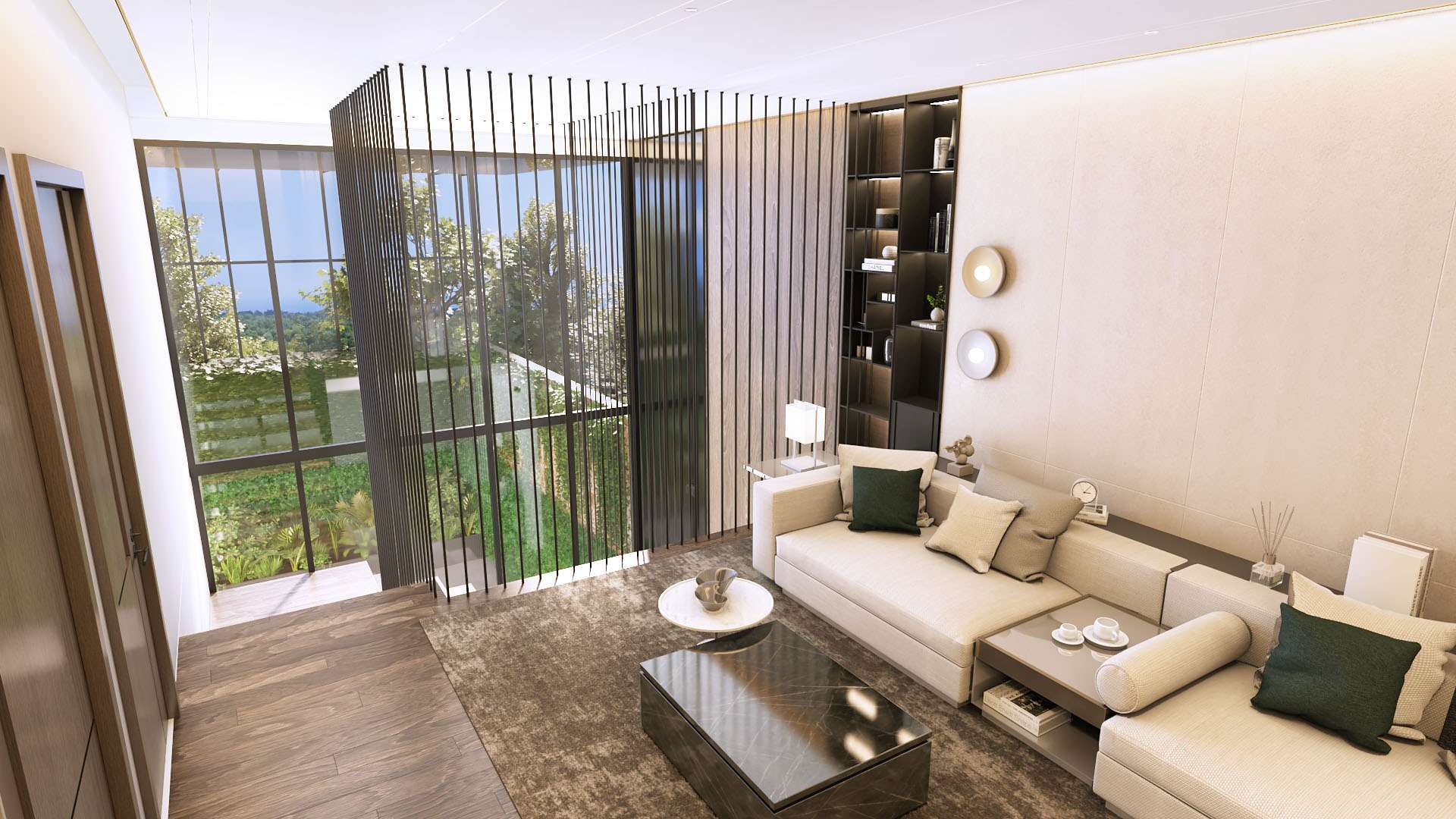 TV room at Aya Luxury Residences with modern sofa and green views