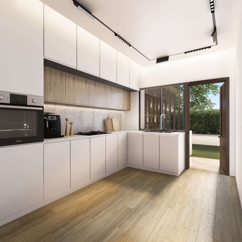 Modern fitted kitchen at Aya Luxury Residences with white cabinetry and garden access