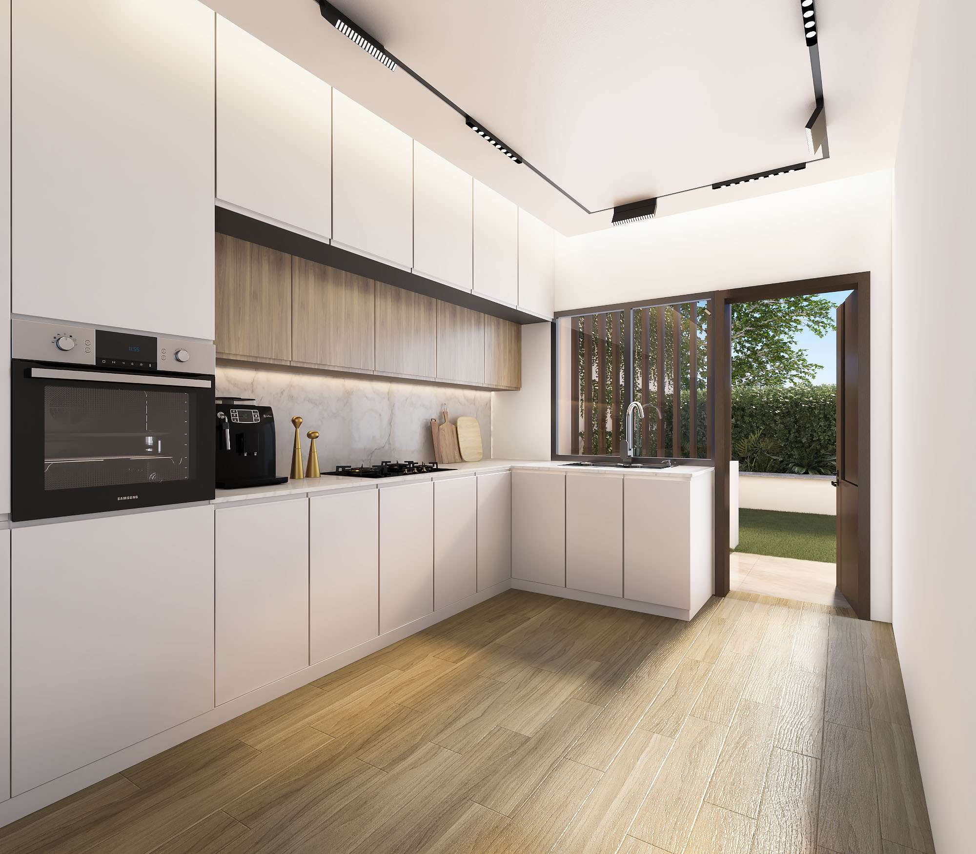 Modern fitted kitchen at Aya Luxury Residences with white cabinetry and garden access