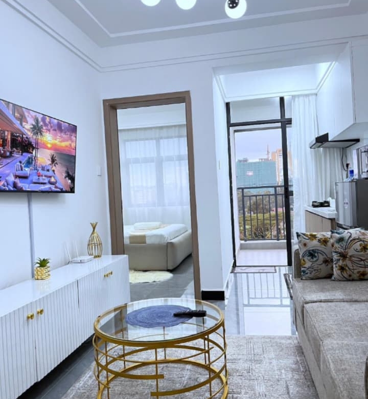 Bahari Homes Residency furnished living area with TV and kitchenette
