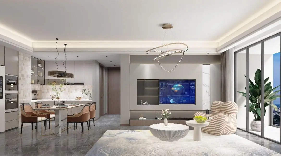 Open-plan lounge, dining area and kitchen at Dolce Vita Oasis